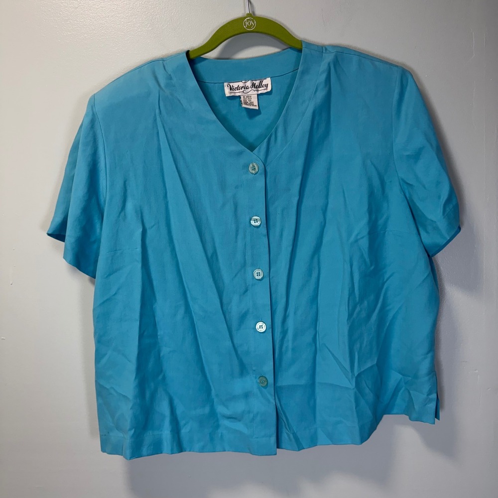 Vintage Victoria Holley Turquoise‎ 100% Silk Button Down Blouse Top 18W